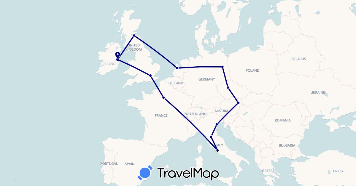 TravelMap itinerary: driving in Austria, Czech Republic, Germany, France, United Kingdom, Ireland, Italy, Netherlands (Europe)